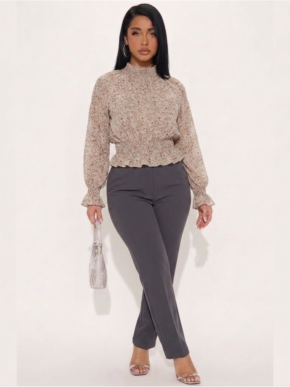 Fashion Nova Beige Floral Smocked Peplum Blouse